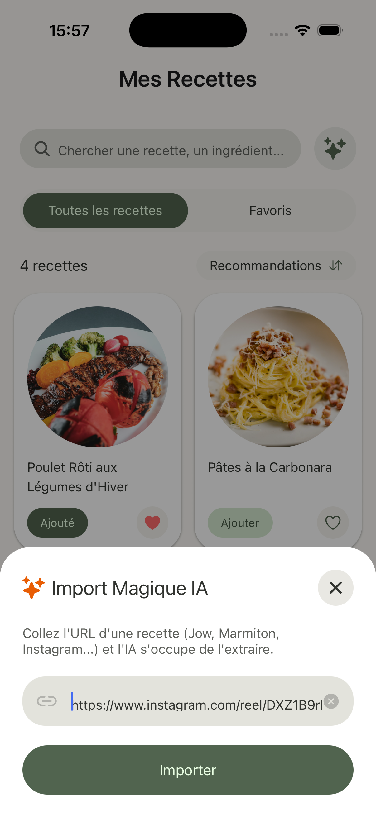 Écran d'import de recette par IA dans Koda