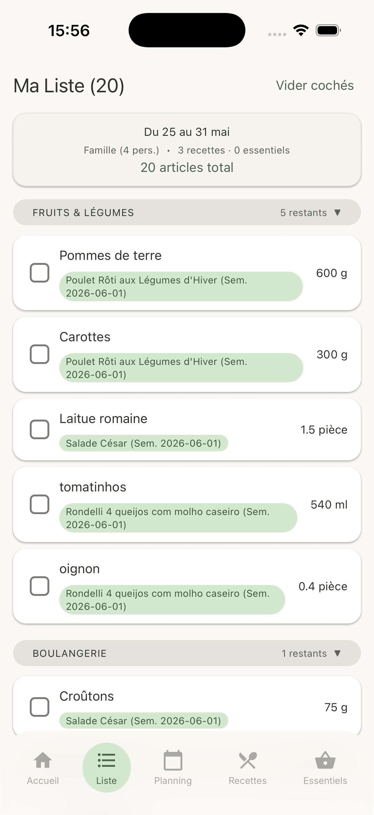 Liste de courses unifiée et rangée par rayon