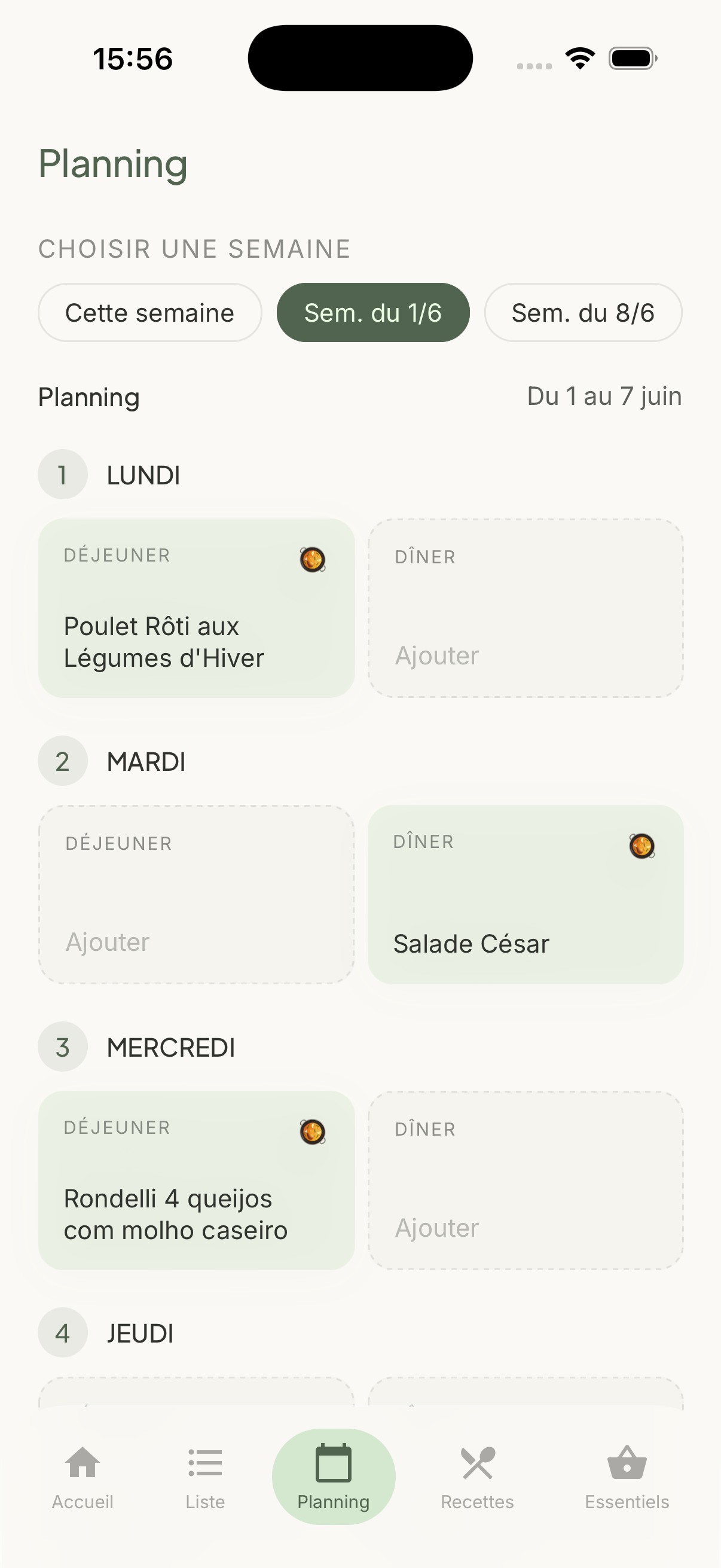 Planning des repas de la semaine