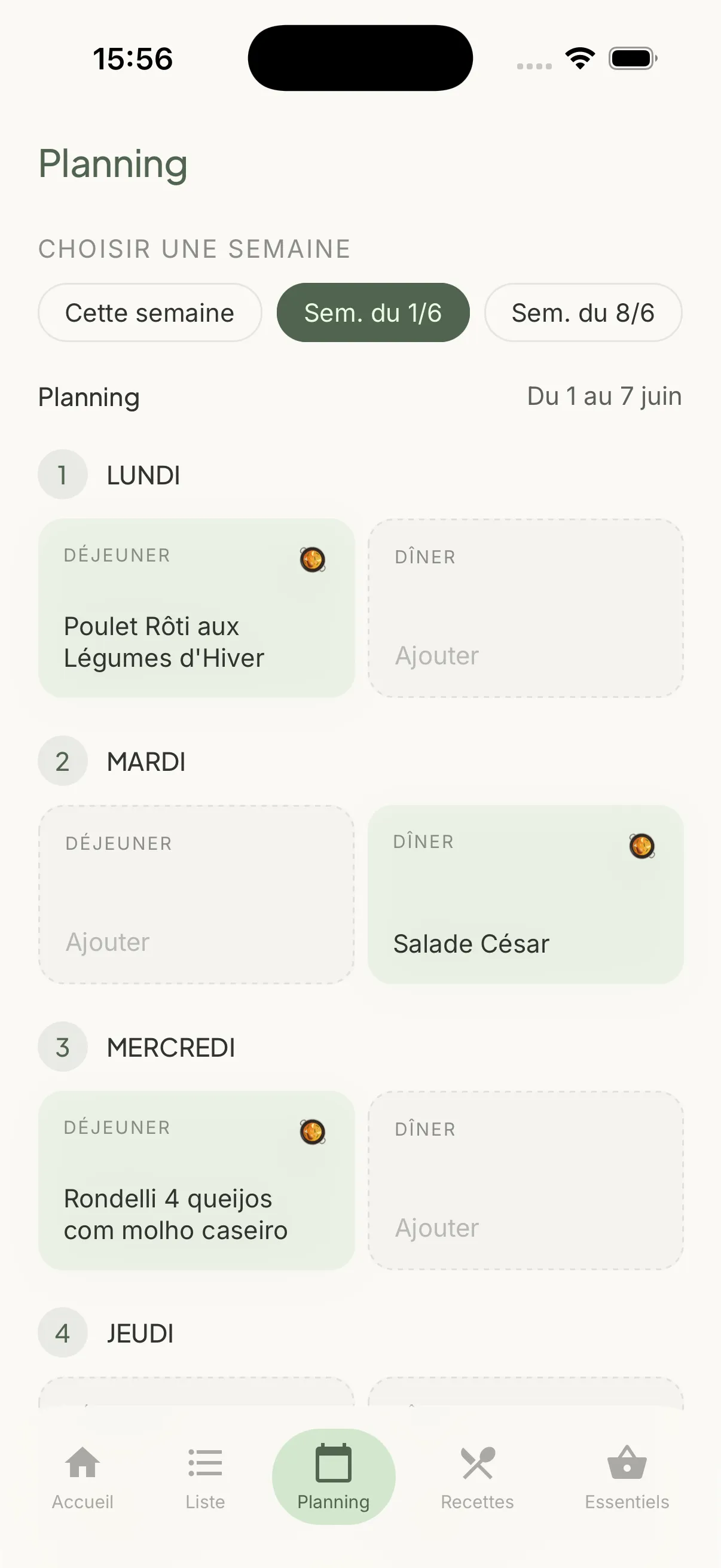 Planning des repas de la semaine