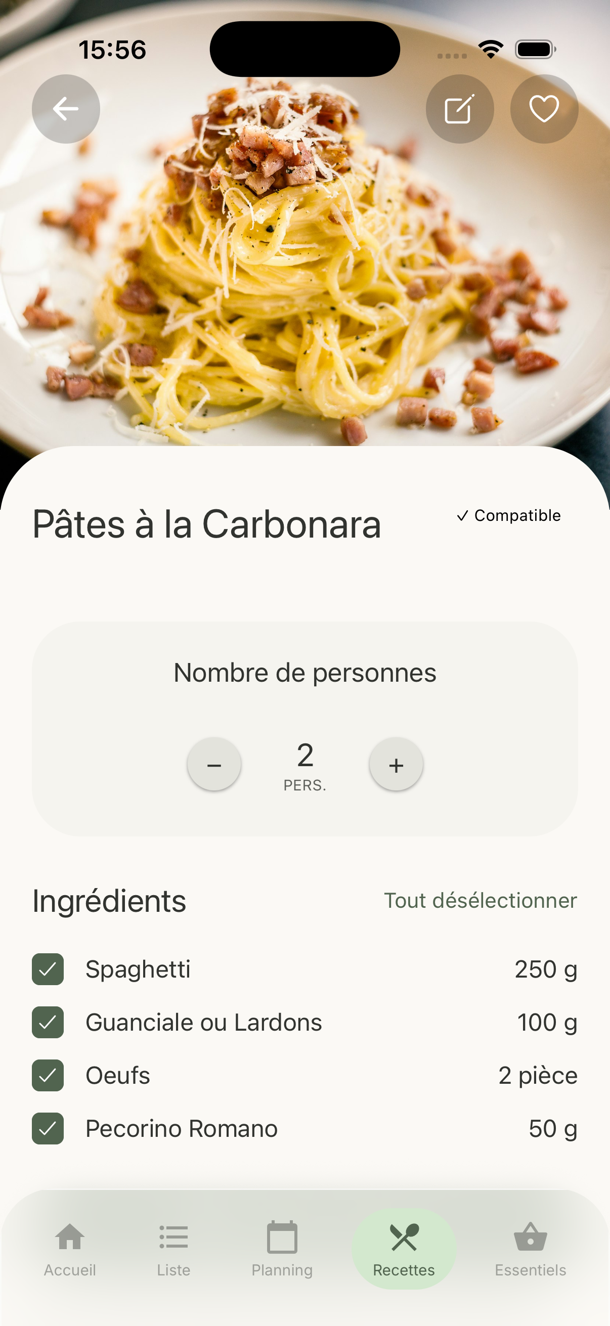 Recette signalée compatible avec les allergènes du foyer